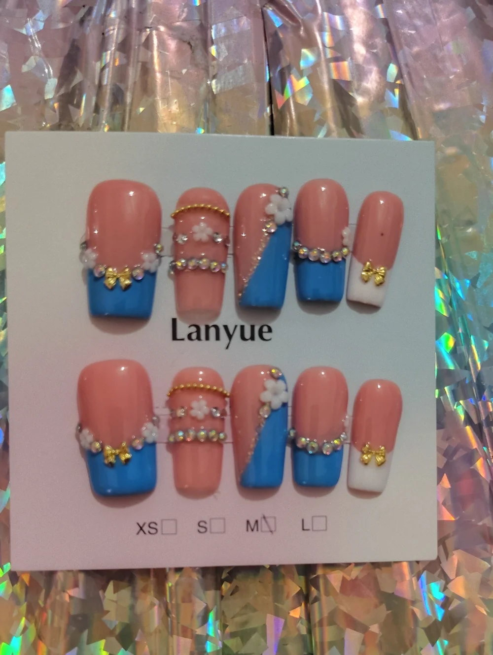 Pink and Blue Rhinestone Floral Press-On Nail Set